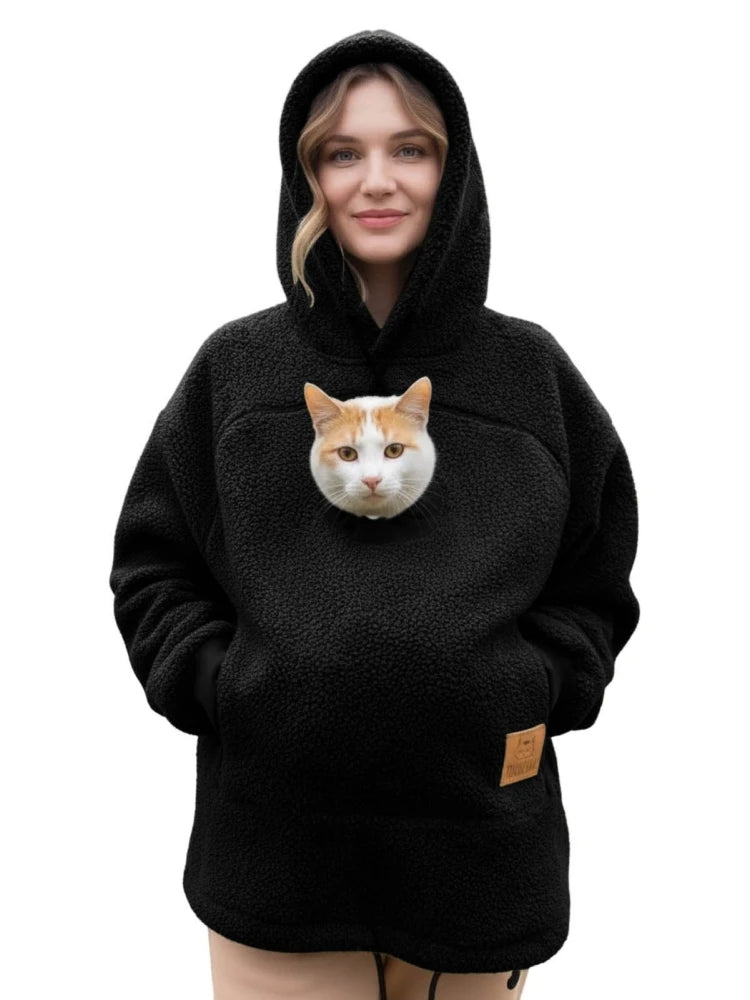 Black Color Women’s Fleece Hoodie Pullover With Kangaroo Pocket